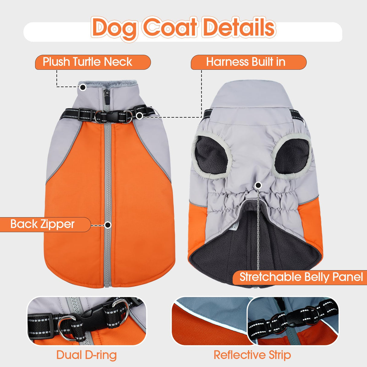 DENTRUN Dog Coat with Harness Built in, Extra Large Water-Repellent Dog Jacket, Turtleneck Windproof Reflective Strips for Great Dane, Orange, XXXL