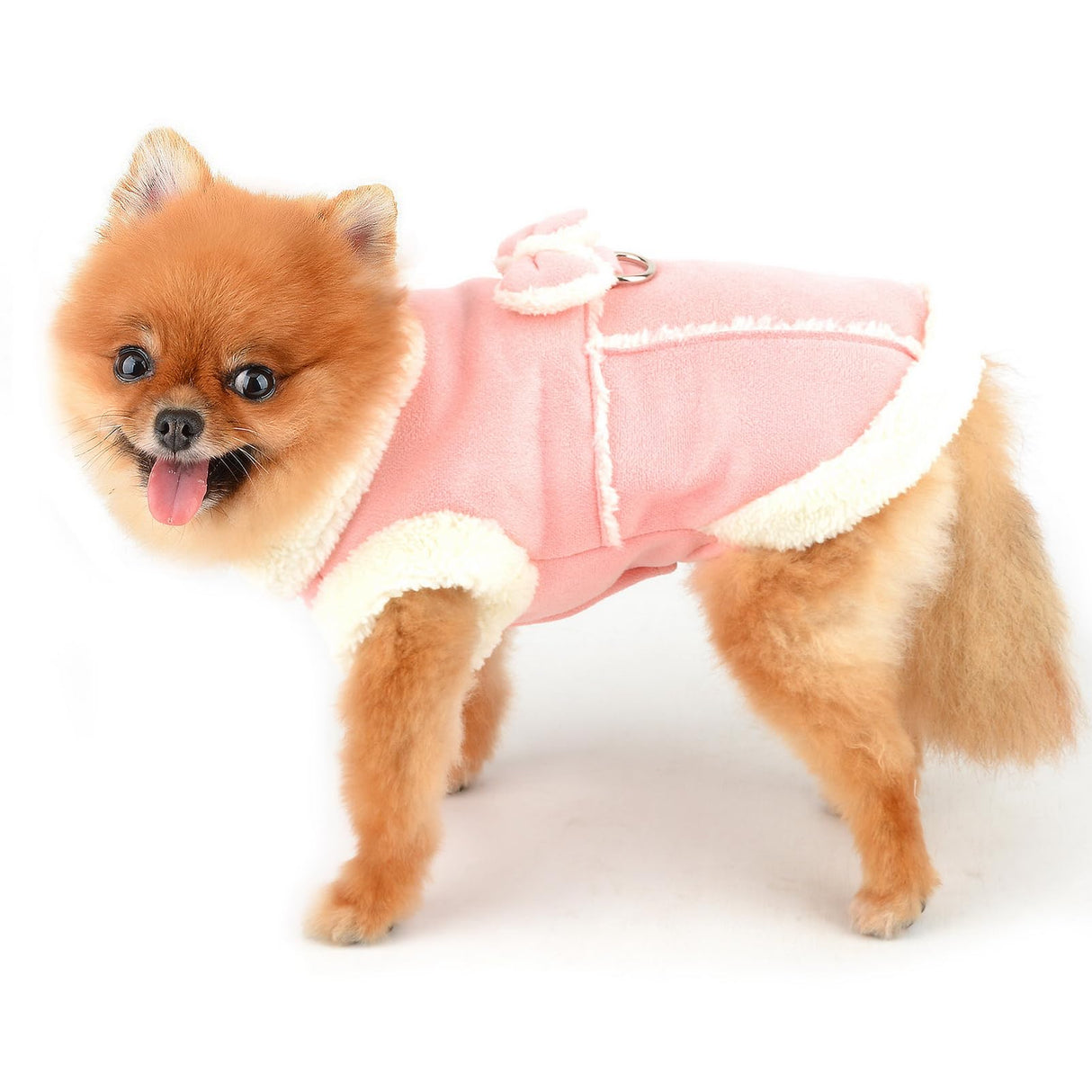 SMALLLEE_LUCKY_STORE Fleece Dog Coat for Small Dog Pet Harness Jacket with Bow and D-Ring, Soft Vest Fall Winter Clothes with Fuzzy Collar Chihuahua Yorkie Cat Apparel, Pink, L