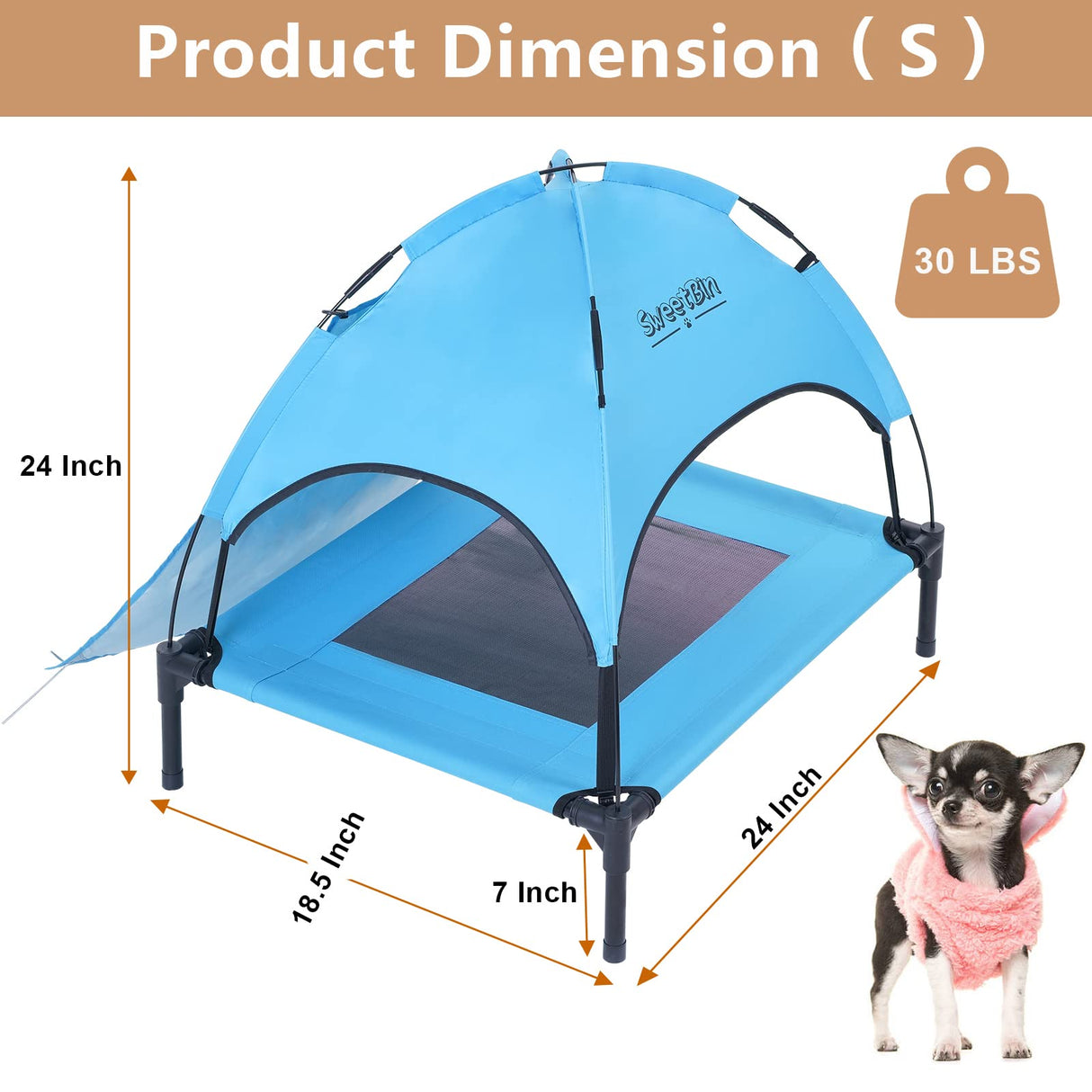 SweetBin S/M/L Outdoor Elevated Dog Cot with Canopy & Side Shade for Camping Small Medium Dogs (Carry Bag), Portable Cooling Raised Dog Bed