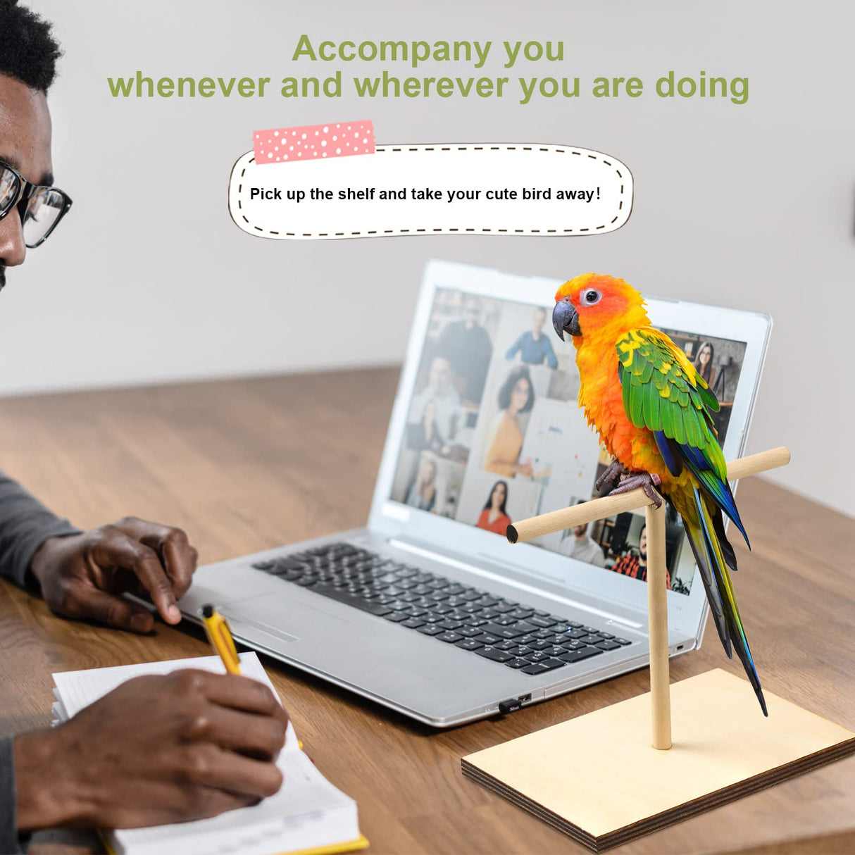 Cunno 3 Pcs Bird Training Stand Kit, Parrot Training Clicker Portable Tabletop Bird Perch and Target Stick, Wooden Spin Perch Clickers with Wrist Strap for Parakeet Conure Lovebird Cockatiel