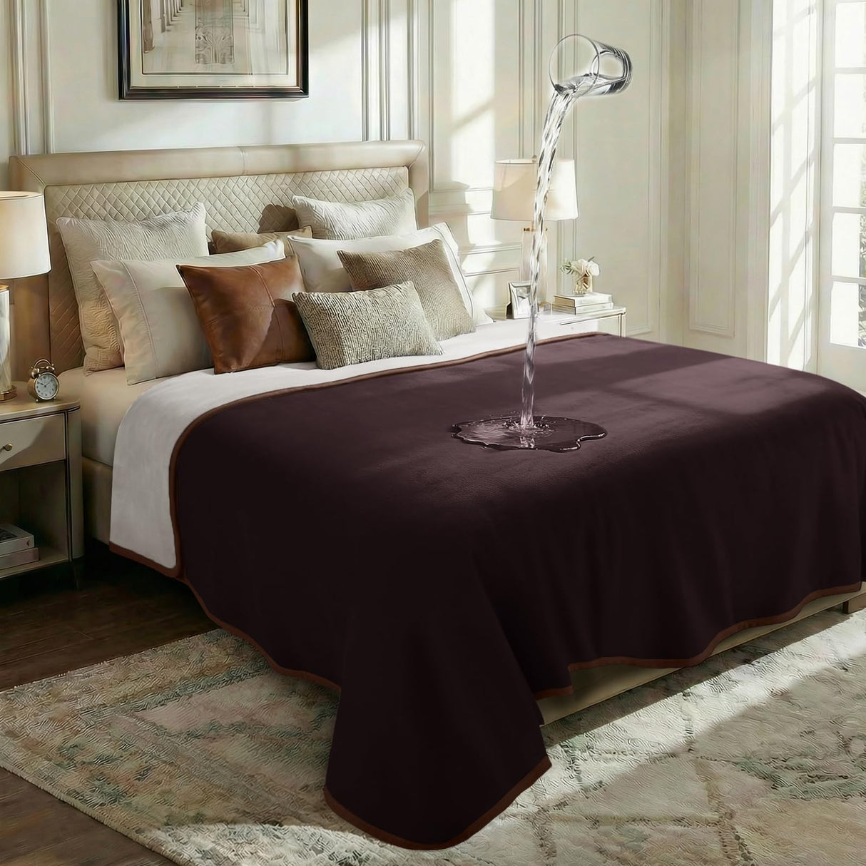 Luciphia 100% Waterproof Blanket for Adults or Large Dogs, Soft Polar Fleece Pet Throw Blankets for Bed Couch Protector Washable, Reversible Leakproof Furniture Protection,Brown Cream,85x57 inch