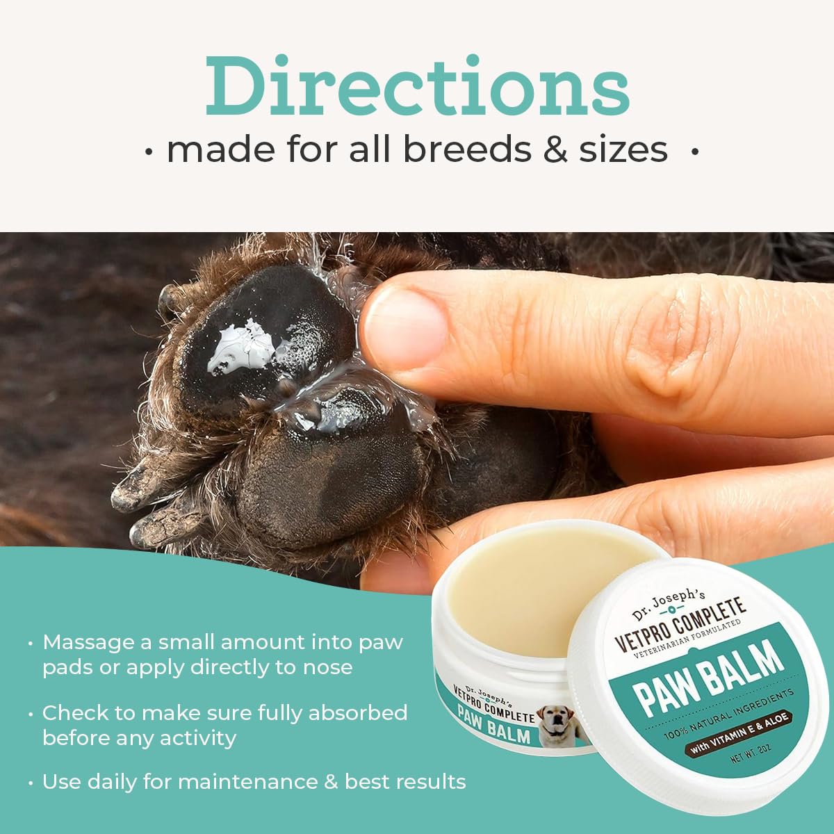Dr. Joseph's VetPro Complete Dog Paw Balm for All Dogs and Cats, Natural Protection and Soother for Dry Pads and Noses, Vet Formulated Paw Butter and Dog Foot Cream, Nose Balm and Feet Protection