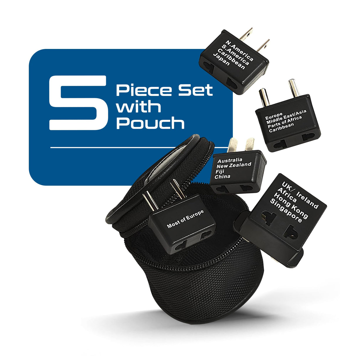 International Worldwide Travel Plug Adapter 5 Piece Set, Great for Cell Phones, Battery Chargers, Laptops to Work in Most Countries