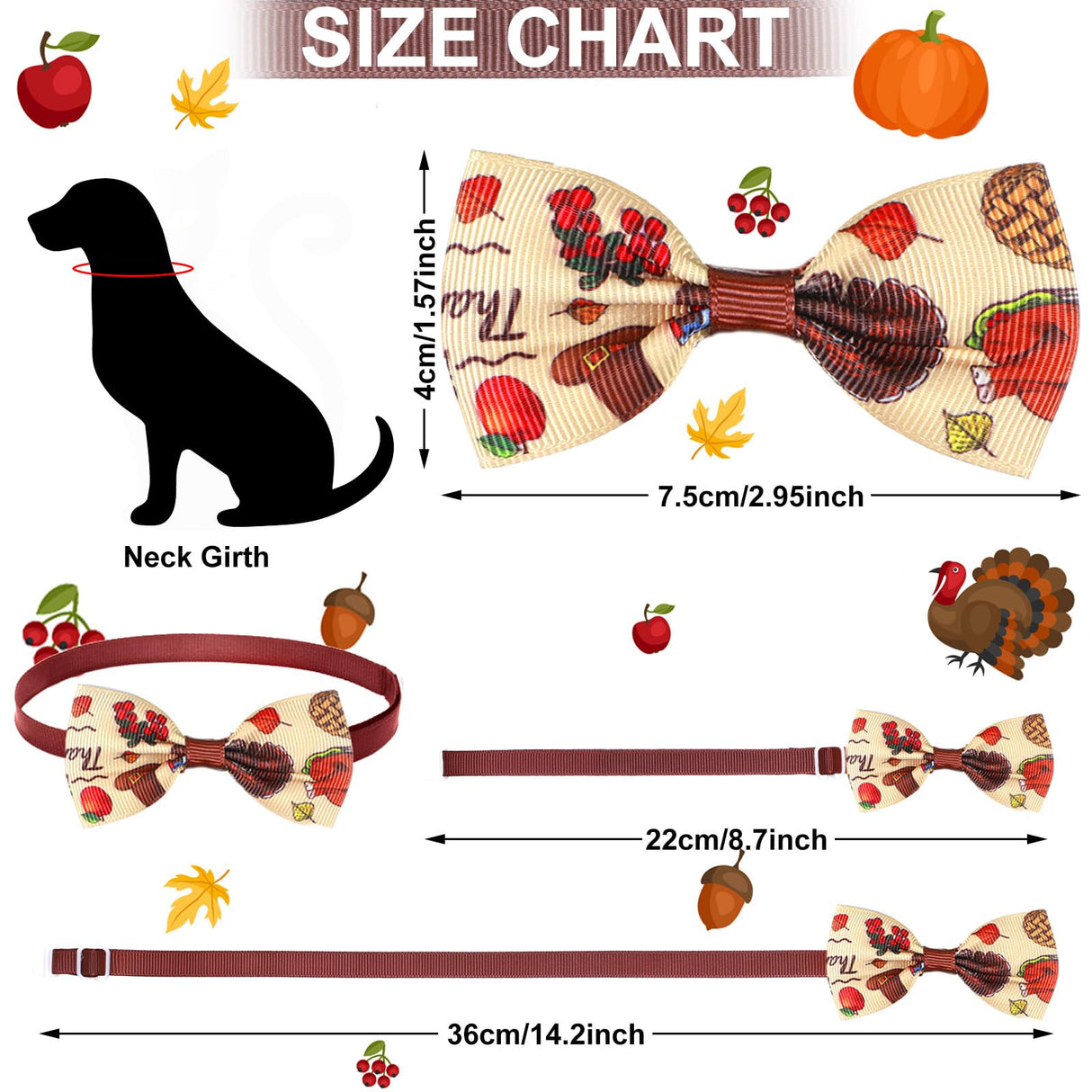 Eccliy 120 Pcs Thanksgiving Dog Bow Tie Bulk Fall Dog Grooming Bows Thanksgiving Adjustable Pumpkin Turkey Maple Leaves Pattern Pet Neckties for Small Medium Large Pet Cats