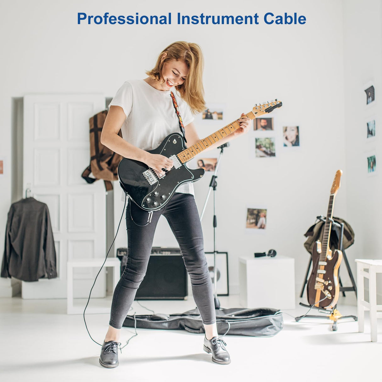 Guitar Cable, Guitar Cord 10ft, AMP Cord for Bass & Electric Guitars/Keyboard/Mandolin, Pro Audio Instrument Cable (Right Angle to Straight, Black)