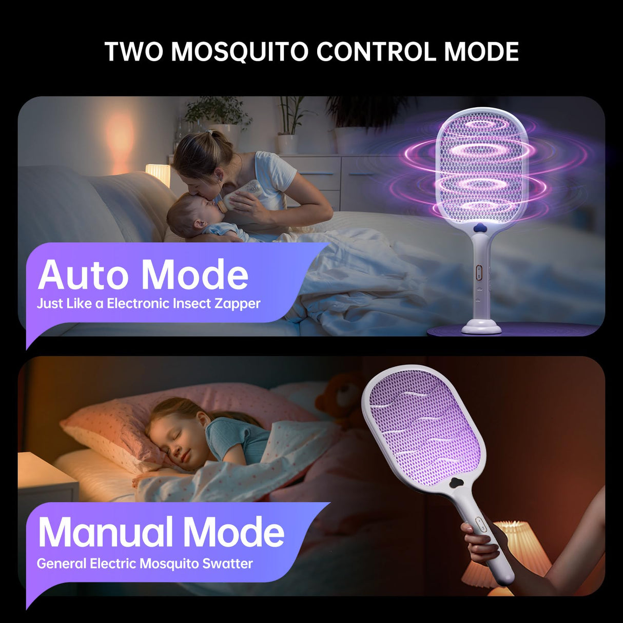 BUZZKICK Electric Fly Swatter Racket 3500V Bug Zapper Racket Dual Modes Mosquito Killer with Purple Mosquito Light Rechargeable for Indoor Home Office Backyard Patio Camping