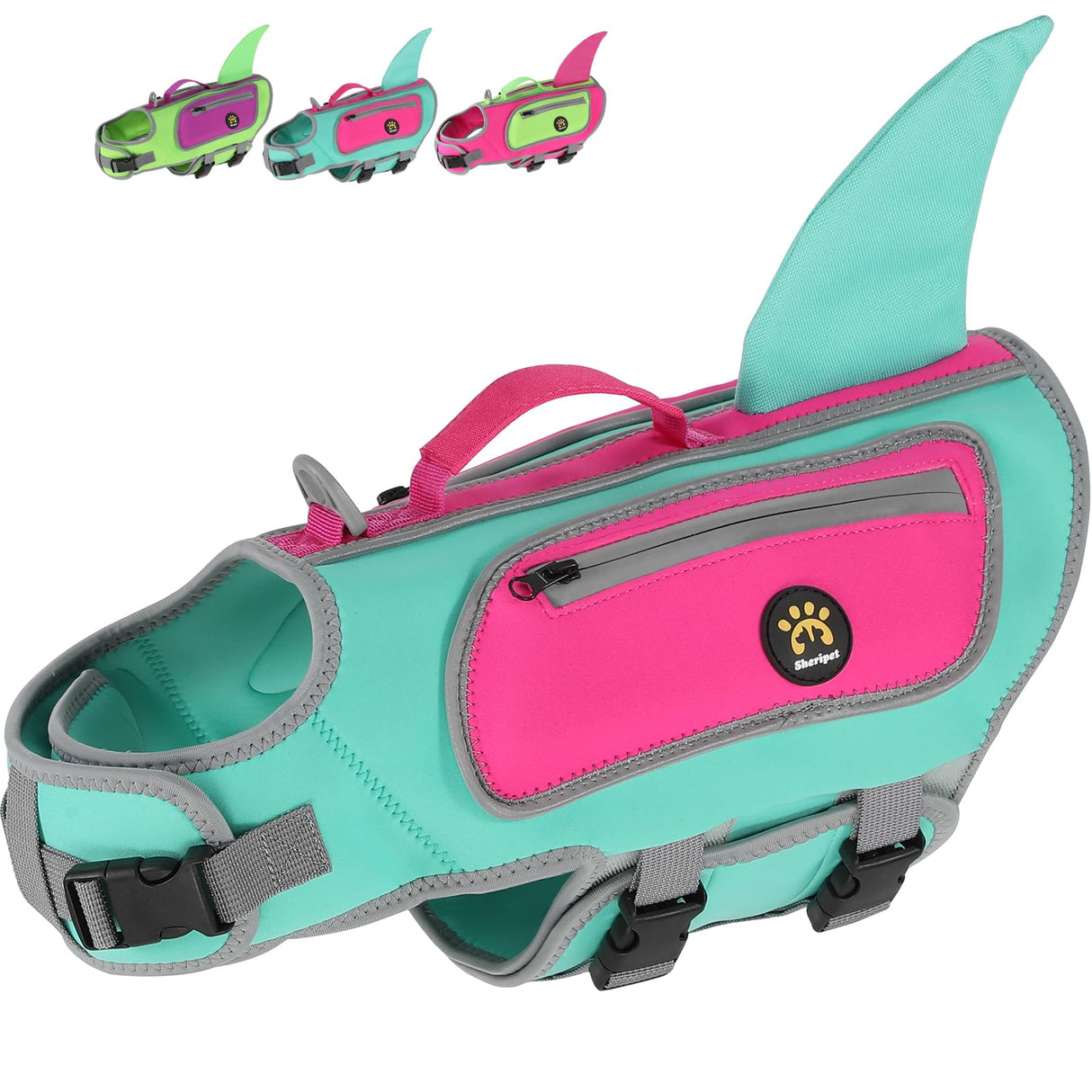 Sheripet Dog Life Jacket, High Buoyancy Shark Dog Safety Vest, Neoprene Pet Life Preserver with Good Visibility & Reflective, Puppy Swim Floating Vest with Rescue Handle for Boating (Turquoise, Small)