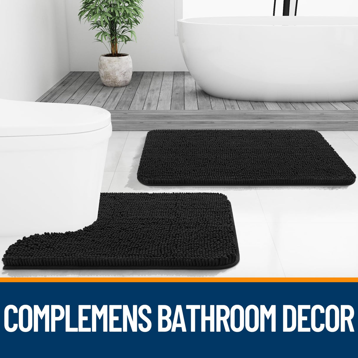 Black Bathroom Rug 30x20, Extra Soft Absorbent Chenille Bath Rugs, Rubber Backing Quick Dry, Machine Washable Bath Mats for Bathroom Floor, Tub and Shower, Home Decor Accessories