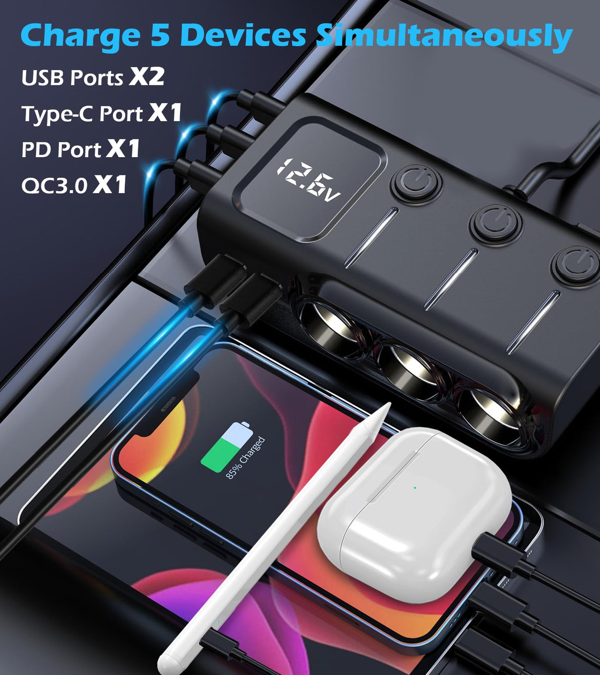 Car Cigarette Lighter Splitter 8-in-1,120W 3-Socket Adapter & 5 USB with Master Power Switch,Prevents Battery Drain,PD36W USB-C Fast Charge,3.3FT Cord & LED Meter for Dashcam, RVs,Older Cars
