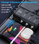 Car Cigarette Lighter Splitter 8-in-1,120W 3-Socket Adapter & 5 USB with Master Power Switch,Prevents Battery Drain,PD36W USB-C Fast Charge,3.3FT Cord & LED Meter for Dashcam, RVs,Older Cars