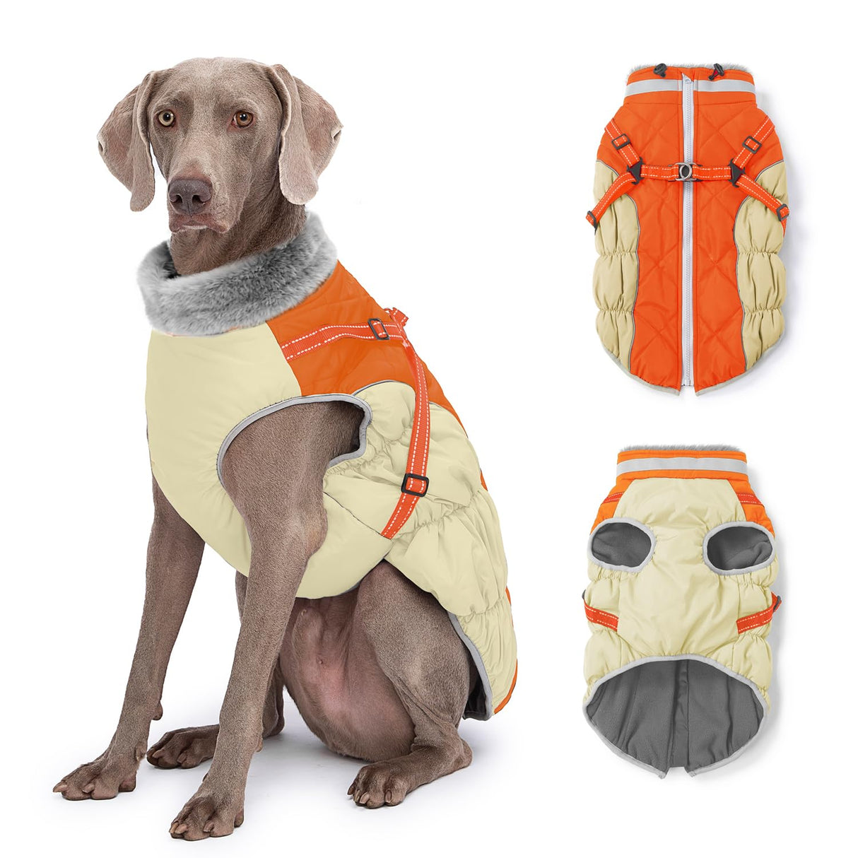 Abuandi Dog Winter Coat with Harness, Dog Jacket, Pet Clothes with Zipper on Back, Waterproof Windproof Warm Vest, Reflective Cold Weather Coats, for Small Medium Large Dogs, Thick, Orange, XS