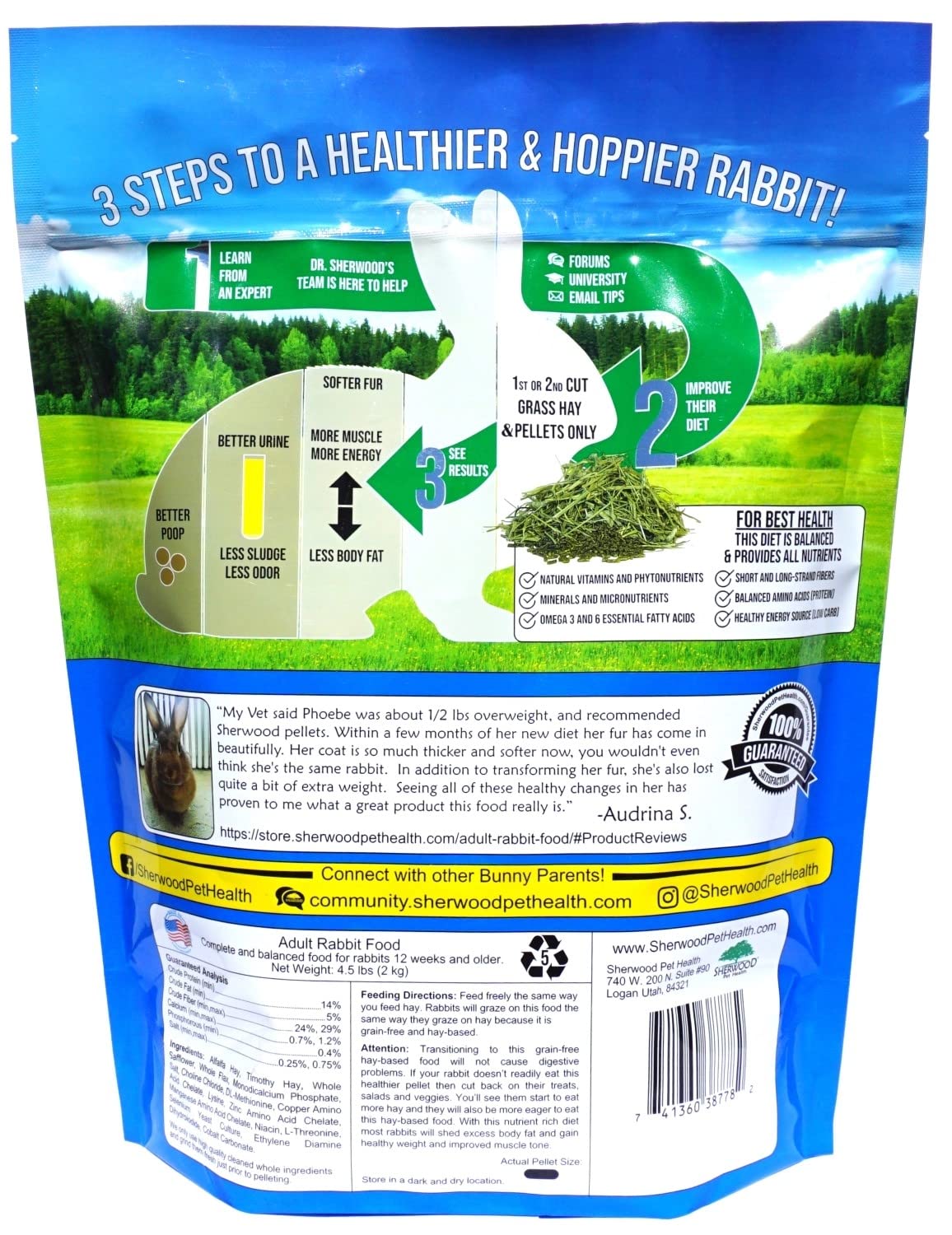 Sherwood Pet Health Adult Rabbit Food Alfalfa Timothy Hay-Based Blend 4.5 lbs, Grain and Soy-Free for Better Digestion