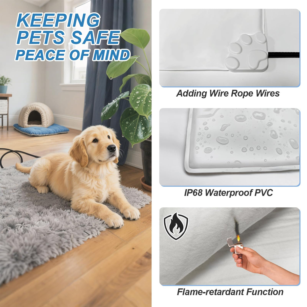 GOLOPET Dog Heating Pad 28x18 in with Smart Thermostat Switch and Power Line Protection Tube,Obtained MET and UL Dual Certification,Waterproof Puppy Heating Pad- Gray 1