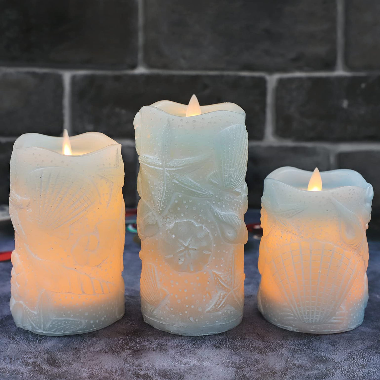 Silverstro Ocean Flameless Candles Remote: Carved Seashell Real Wax Flicker Battery Operated Candles for Home Party Wedding Christmas Nautical Summer Decor - Set of 3(Blue)