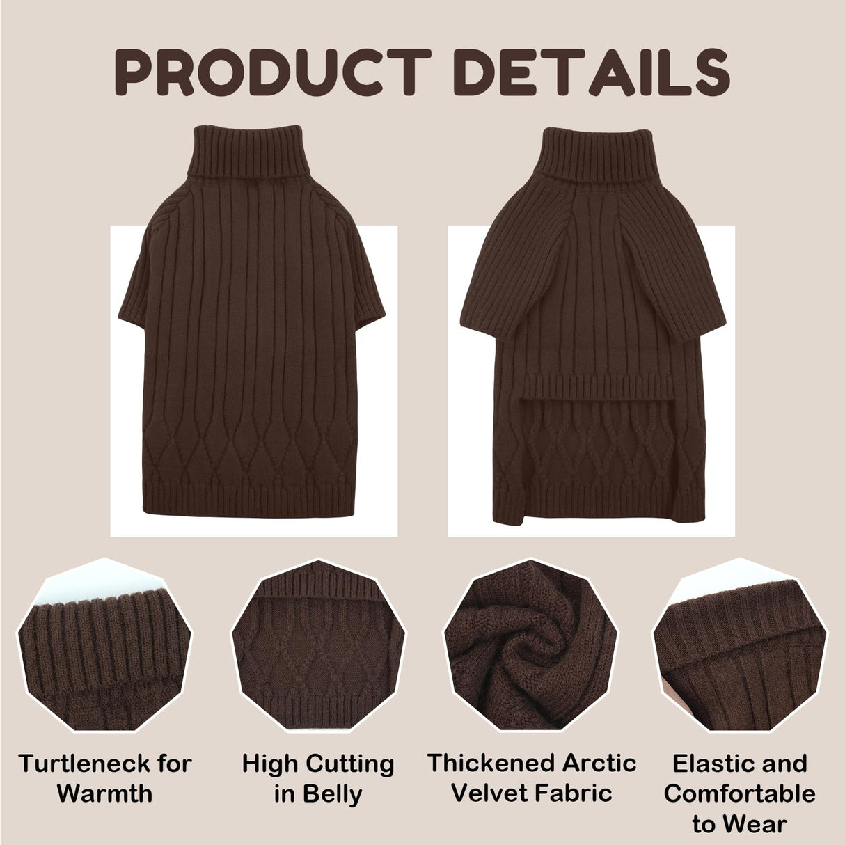 OUOBOB Large Dog Sweater - Turtleneck Thick Warm Doggie Christmas Sweater for Girl Boy Dogs (Brown L)