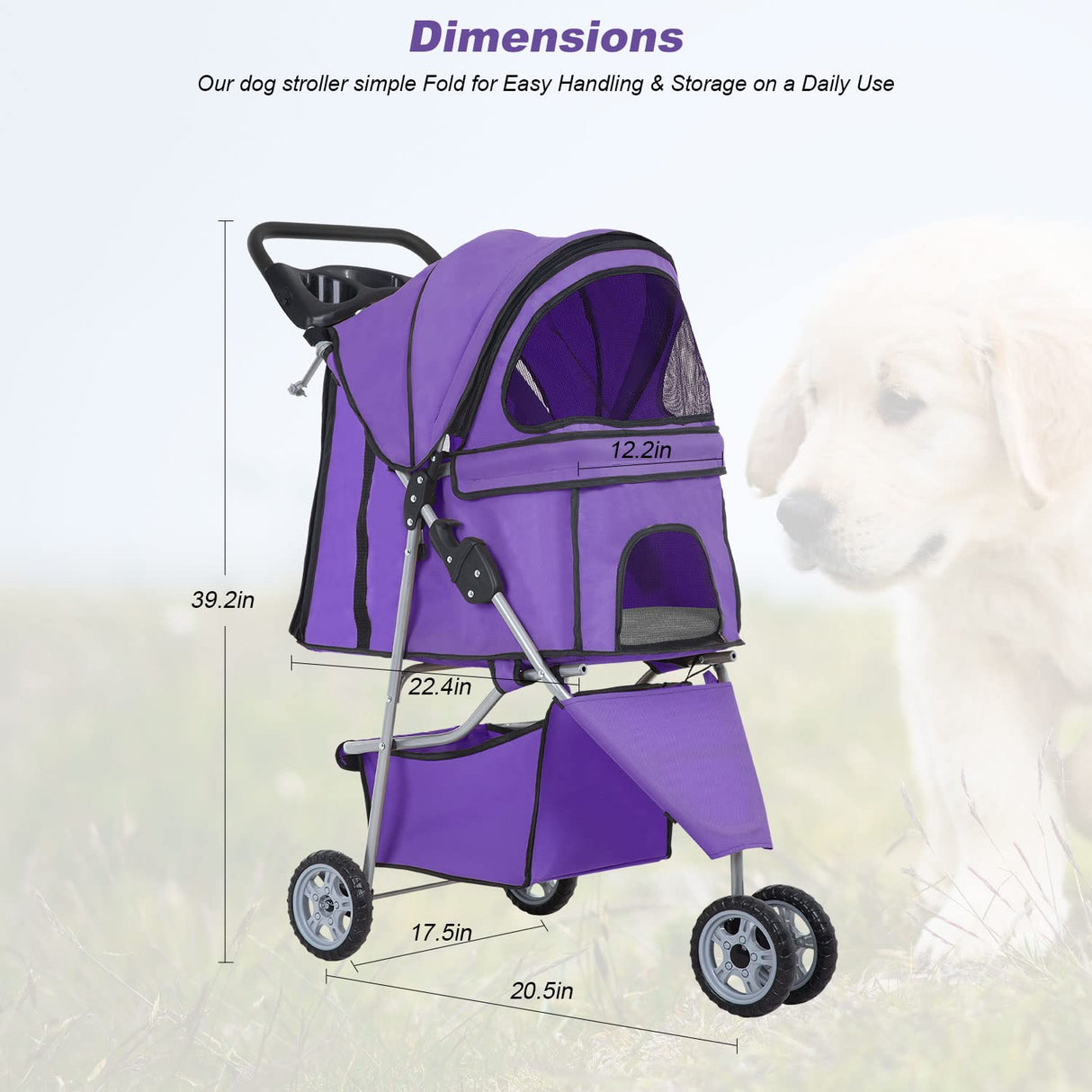 BestPet 3 Wheels Pet Stroller Dog Cat Cage Jogger Stroller Waterproof Puppy Travel Folding Carrier with Cup Holder,Purple