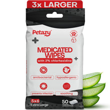 Load image into Gallery viewer, Petazy 2% Chlorhexidine Wipes for Dogs 3X Larger | Yeast Infection Ringworm Fungus Hot Spot Itch Relief | Medicated Antibacterial Antifungal Gentle Soothing Topical Wipes for Dog Cat | 50 Wipes 5x6
