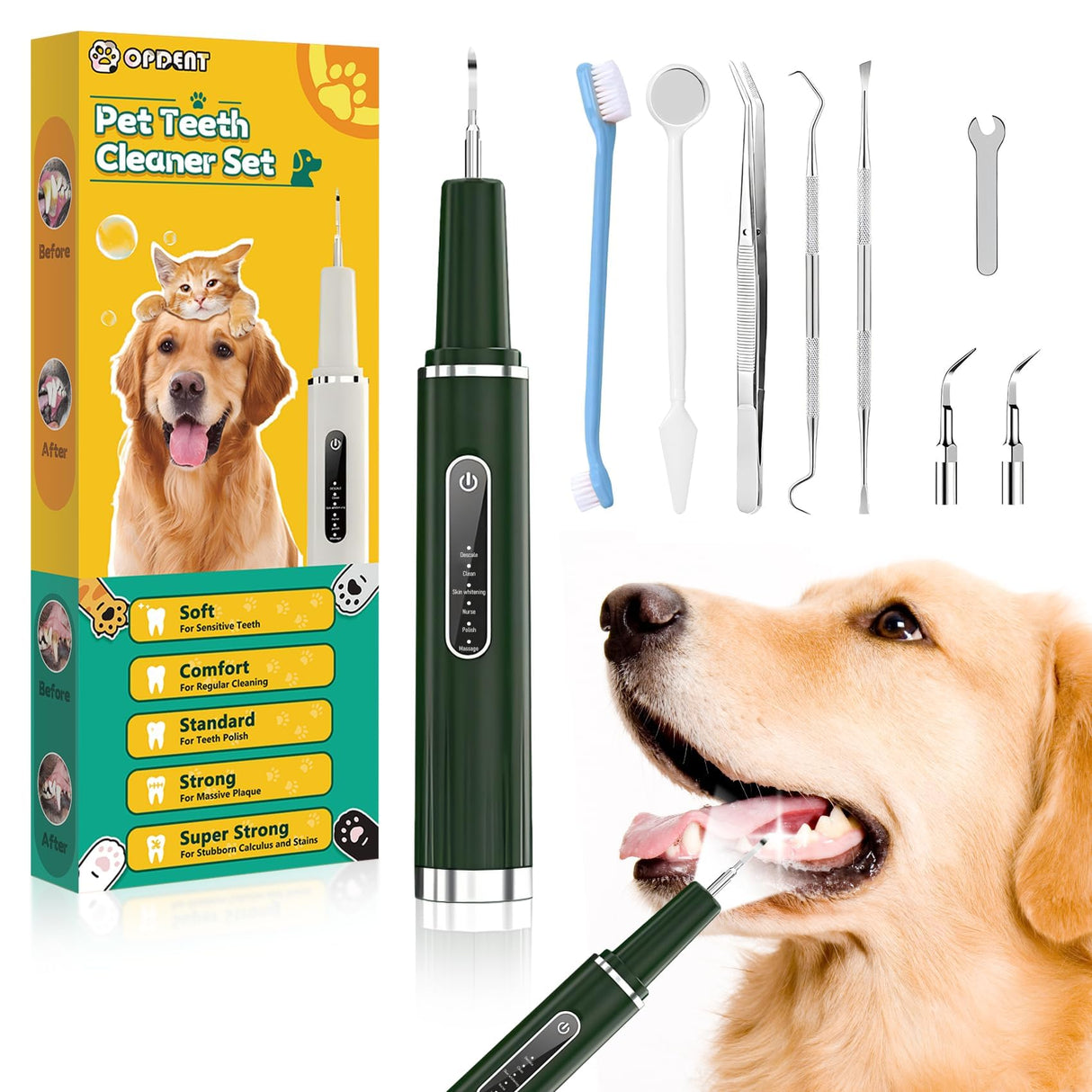 Opdent Dog Plaque and Tartar Remover - Dog Tooth Brushing Kit Electric Toothbrush for Dogs,5 Adjustable Mode& 3 Cleaning Head, Plaque Remover for Teeth Stains for Dogs and Cats (Green)