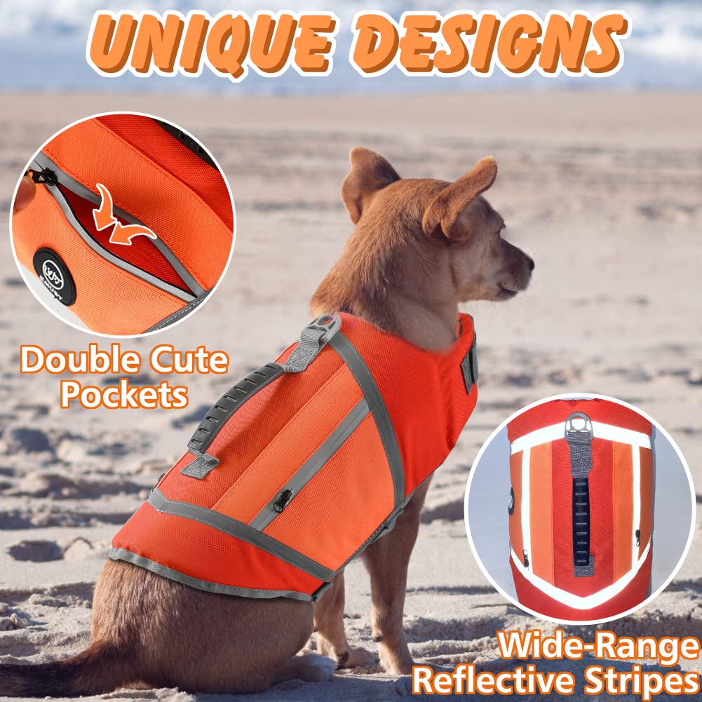 EMUST Dog Life Vests for Swimming, Adjustable Dog Life Jackets for Small Dogs with Hook & Loop, Reflective Dog Swim Vest with Quick-Release Buckles for Bulldogs, Dachshunds, Corgis, Orange, S