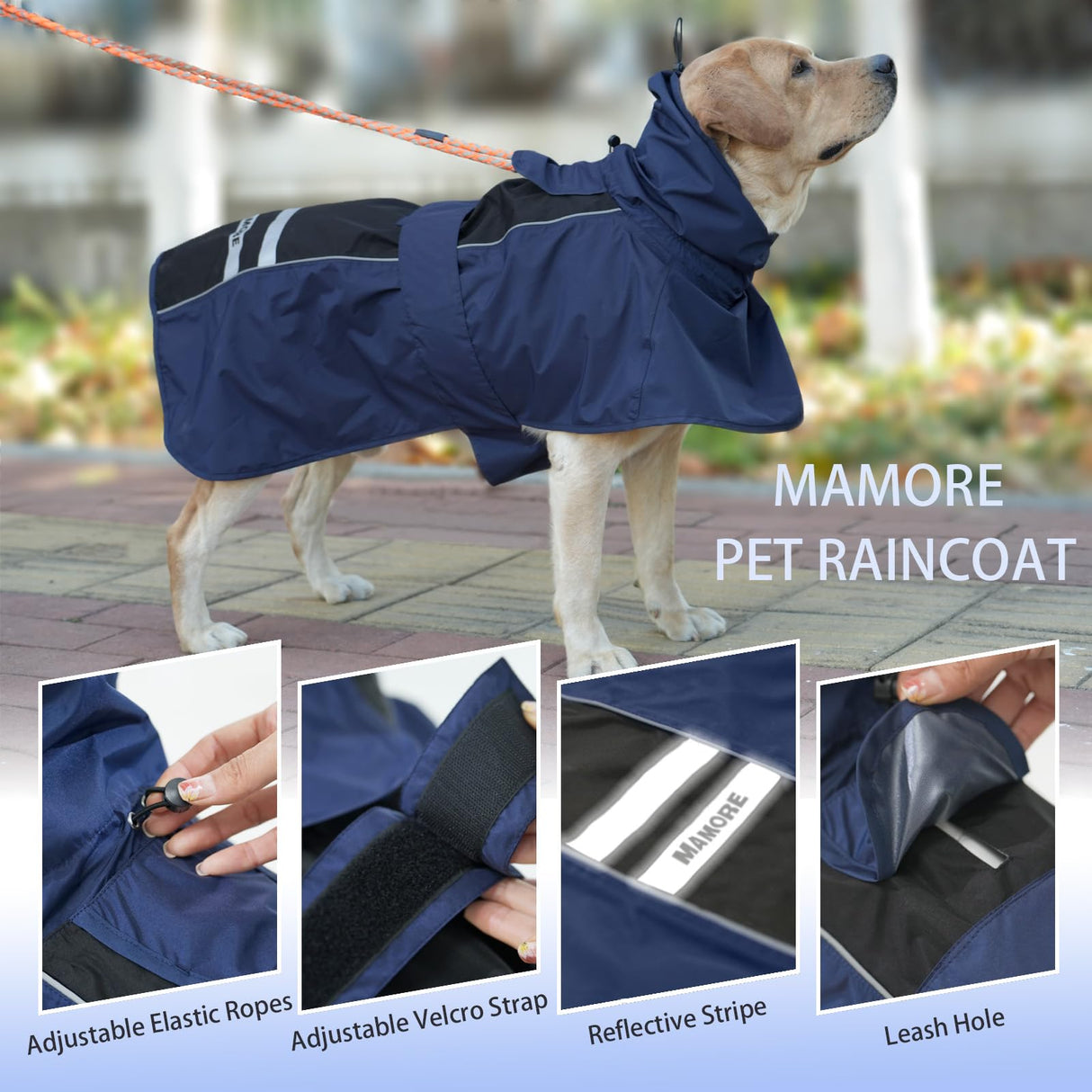 Adjustable Dog Raincoat, Waterproof Dog Rain Jacket for Small Medium Large Dogs,Reflective Lightweight Pet Rain Coat with Leash Hole (Navy&Black, Medium)