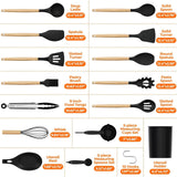 Kitchen Utensils Set - 33 PCS, Heat-Resistant Silicone Cooking Utensils Set with Wooden Handle, BPA-Free Kitchen Gadgets Spatula Sets with Holder for Nonstick Cookware (Black)