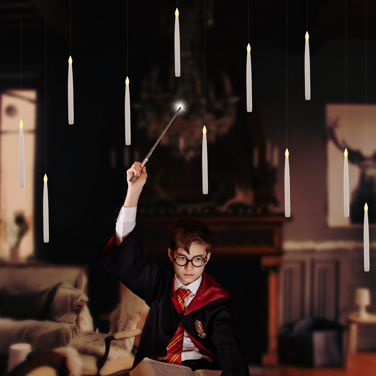 LUSHARBOR Floating Candles with Wand, 20 Pack Halloween Flameless Candles Battery Operated LED Taper Hanging Candles Electric Candle for Christmas Halloween Birthday Party Decor