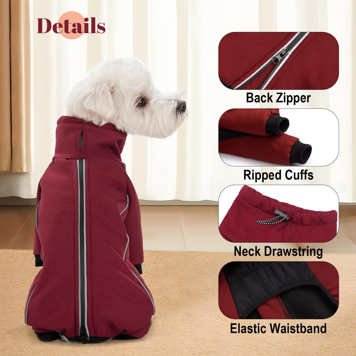 Four Leged Dog Winter Coat, Fullbody Warm Fleece Dog Jacket, Reflective Puppy Cold Weather Coats with Leash Hole & Drawstring, Back Zipper Water-Resistant Doggie Winter Clothes