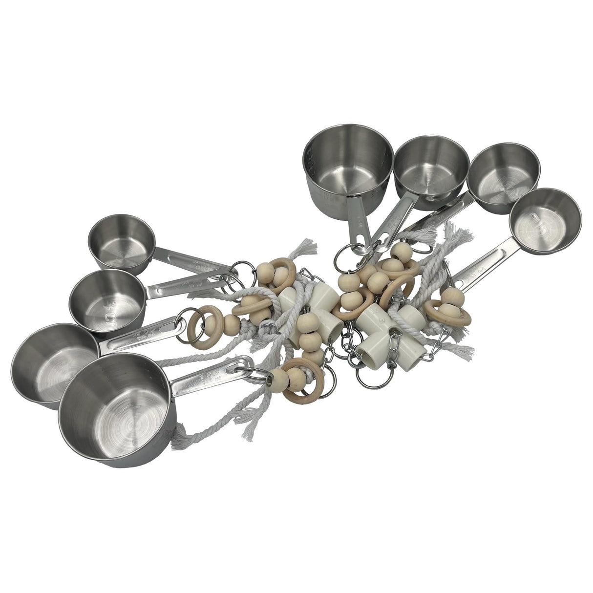 GILYGI Durable Stainless Steel Pots & Wooden Beads Parrot Toys - Pullable 8 Metallic Cups & 8 Natural Dye-Free Rings for Large & Extra Large Parrots Macaws Amazons African Greys Cockatoos Eclectus