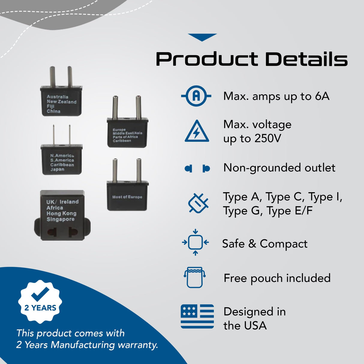International Worldwide Travel Plug Adapter 5 Piece Set, Great for Cell Phones, Battery Chargers, Laptops to Work in Most Countries