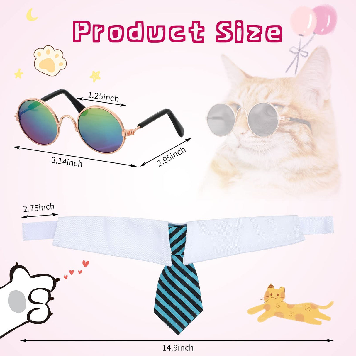 Weewooday 8 Pcs Pet Dog Cat Costume Cat Tie Collar Glasses for Small Dogs Round Metal Classic Retro Sunglasses Tie Pet Costume Tuxedo Necktie Collar Puppy Accessories Halloween Cosplay Party