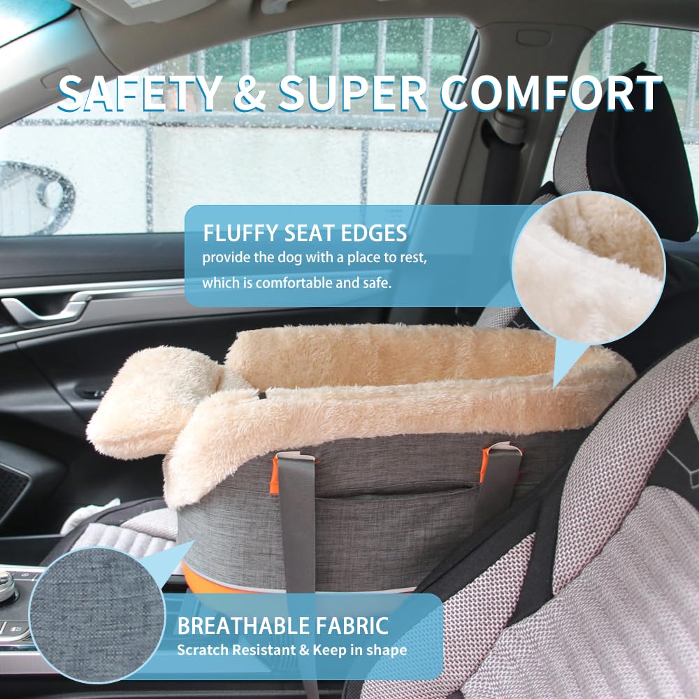 Pet Car Center Console Elevated Armrest Car Seat for Small Puppy, Dogs & Cats (Up to 10 lbs) – Dark Gray Washable Plush Carrier with Safety Leash, Fits Front Vehicle Console Space