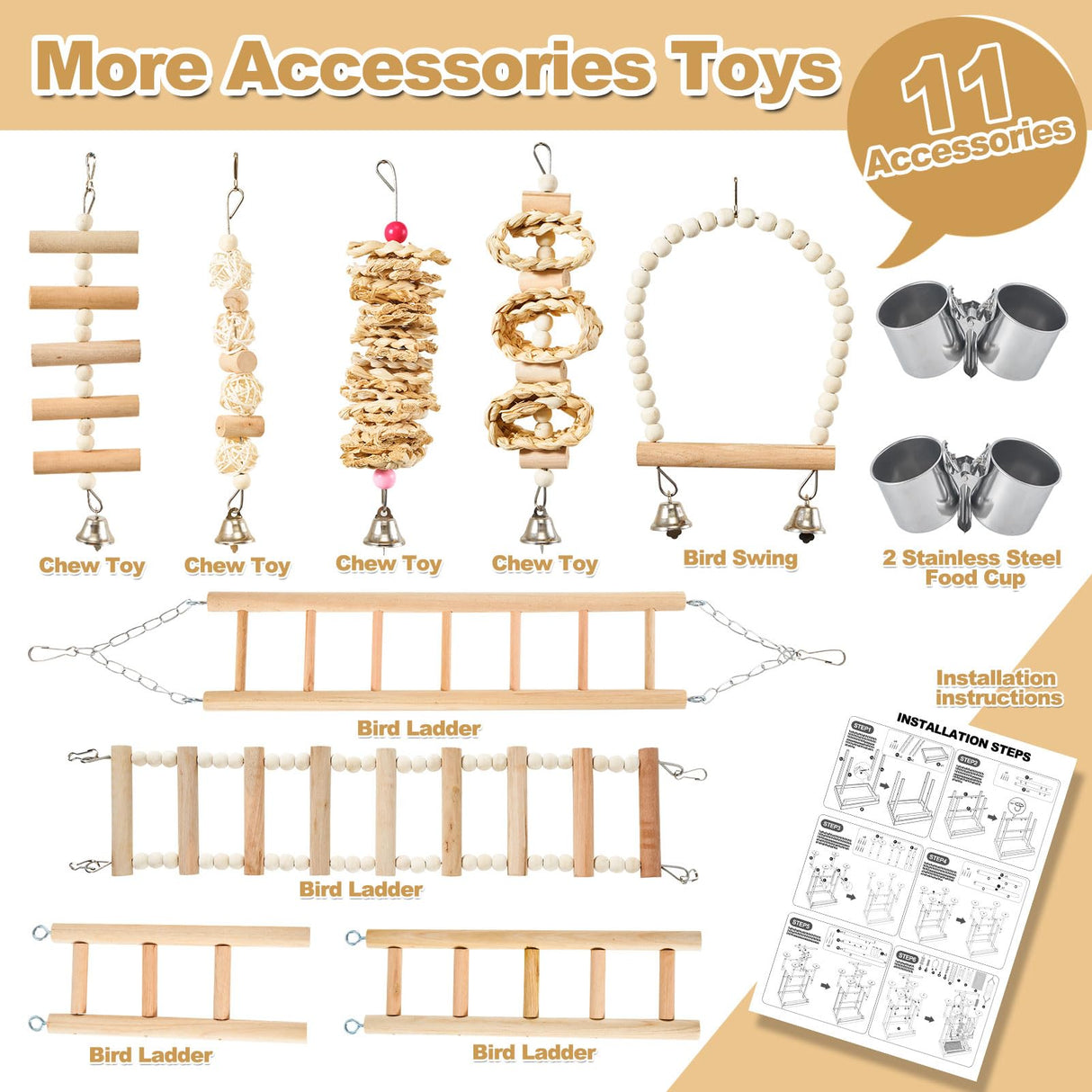 LIMIO Bird Playground - Natural Wood Parrot Playstand with Perches, Bird Play Gym & Accessories, Removable Tray & 4 Stainless Steel Cups