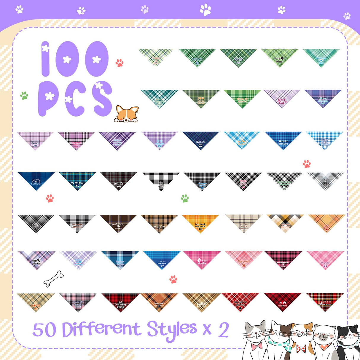 Sweetude 100 Pcs Plaid Dog Bandanas Bulk Paw Print Dog Scarf Bibs Puppy Pet Bandanas with Captions Adjustable Cat Outfit Washable Triangle Scarf Kerchief for Small to Medium