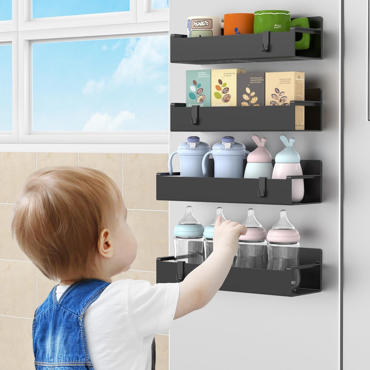 4 Pack Magnetic Spice Rack Organizer for Refrigerator and Oven, Black Fridge Organizers and Storage for Kitchen