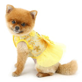 PAIDEFUL Dog Dress,Luxury Bow Princess Tutu Dresses for Girl Dogs Cute Fashion Mesh Pet Skirt with Sequins Flower Cat Puppy Clothes Wedding Party Outfits Chihuahua Apparel Button up D-Ring,Yellow,XL