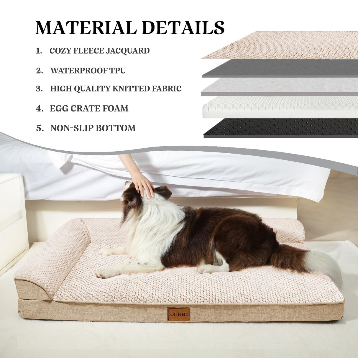 Jolifield Orthopedic Dog Bed Large Sized Dog 36''X24'', Waterproof L Bolster Egg Crate Foam Pet Crate Beds with Washable Removable Cover, Non-Slip Soft Pet Couch Sleep Mat, Ivory