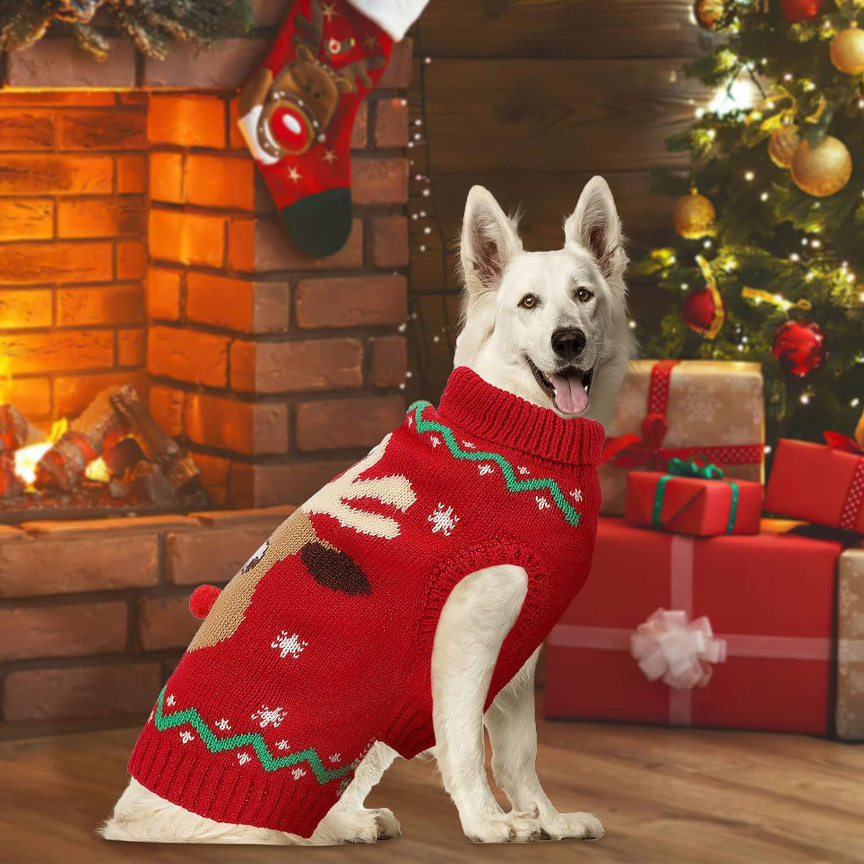 HUMLANJ Christmas Dog Turtleneck Sweater Winter Reindeer Snowflake Sweater with Leash Hole Puppy Knitwear Pullover Holiday Sweaters for Small Medium Large Dogs XXL