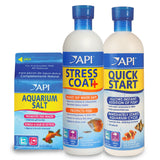 API Aquarium Starter Bundle Pack: One (1) API QUICK START 16 oz., one (1) API STRESS COAT 16 oz., one (1) API AQUARIUM SALT 16 oz.