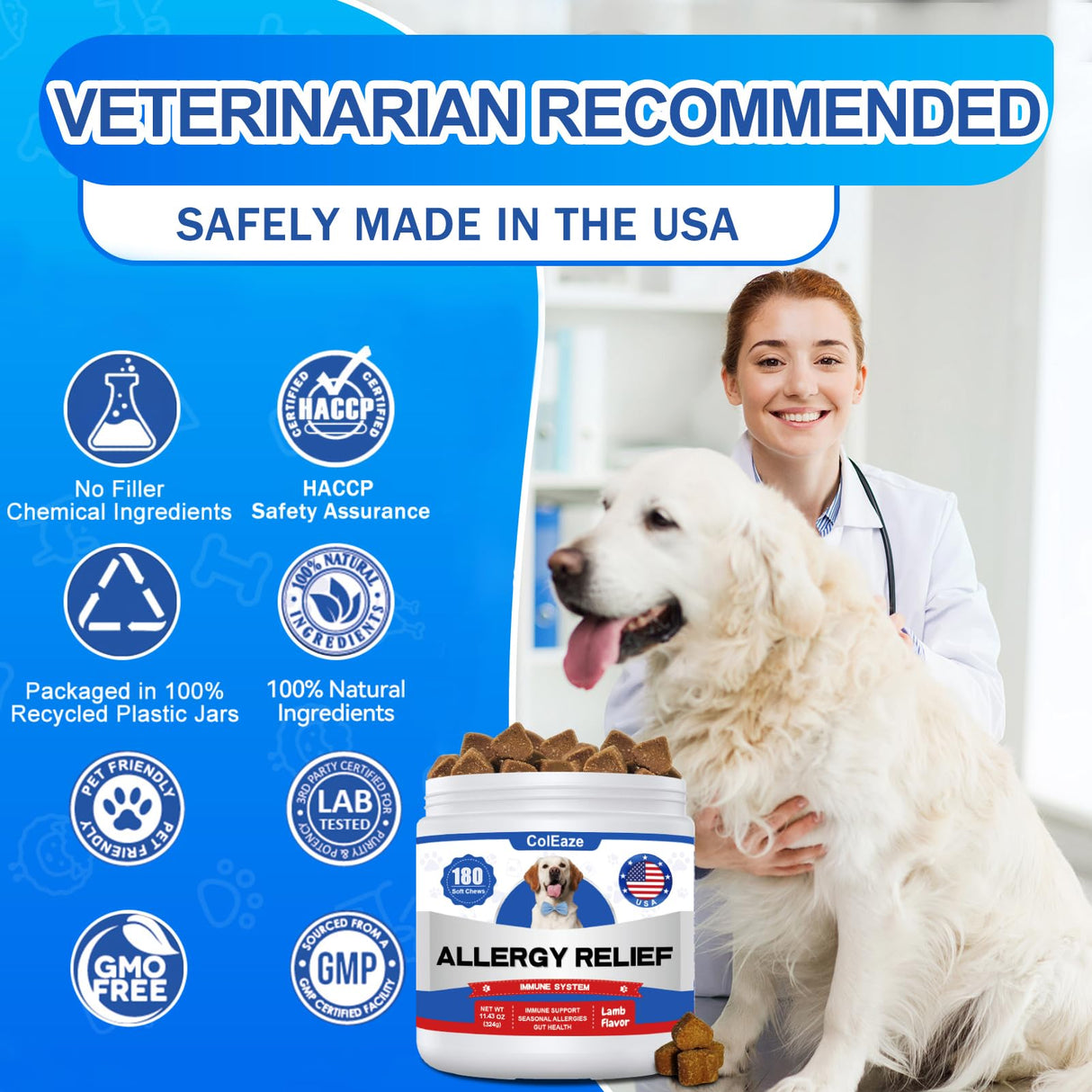 Dog Allergy Chews 180PCS Omega 3 Fish Oil Anti-Itch Treats Skin & Coat Supplement with Colostrum Probiotics Dog Itching Skin Relief Dry Skin Itchy Licking Seasonal Allergies Immune Support