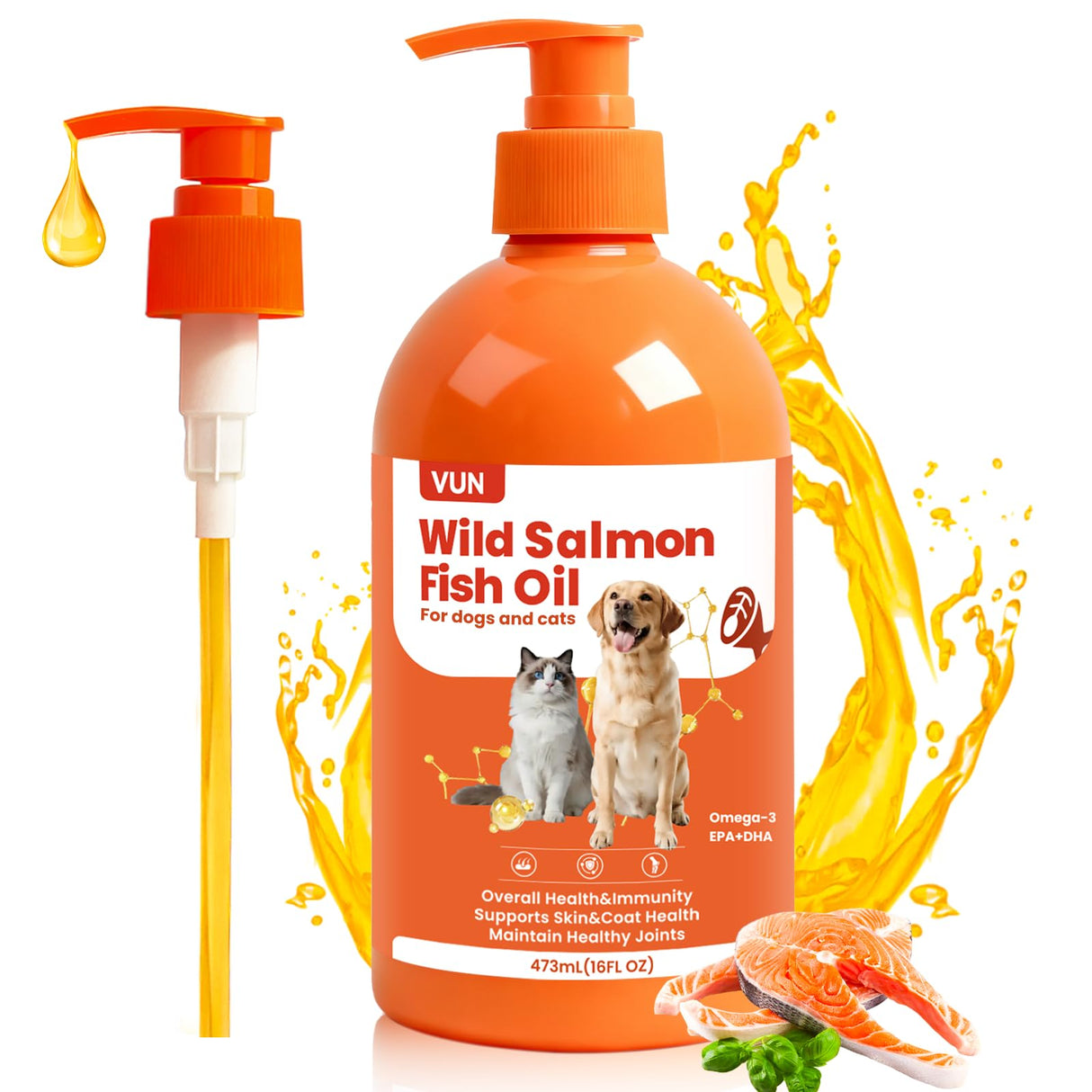 VUN Salmon Fish Oil for Dogs & Cats,Omega 3 Fish Oil Supplement for Itchy Dry Skin Coat,Allergy Relief,Joints&Paws,Brain,Eyes&Heart Treatment,Wild Liquid Fish Oil for Dogs by Pump with EPA DHA–16 oz