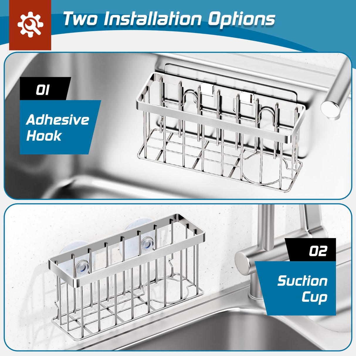 Sponge Holder for Kitchen Sink,Sink Caddy Organizer with Suction Cups/Adhesive Strips,Dish Sponge Holder Design for Sponges,Scrubber,Stoppers-Silver