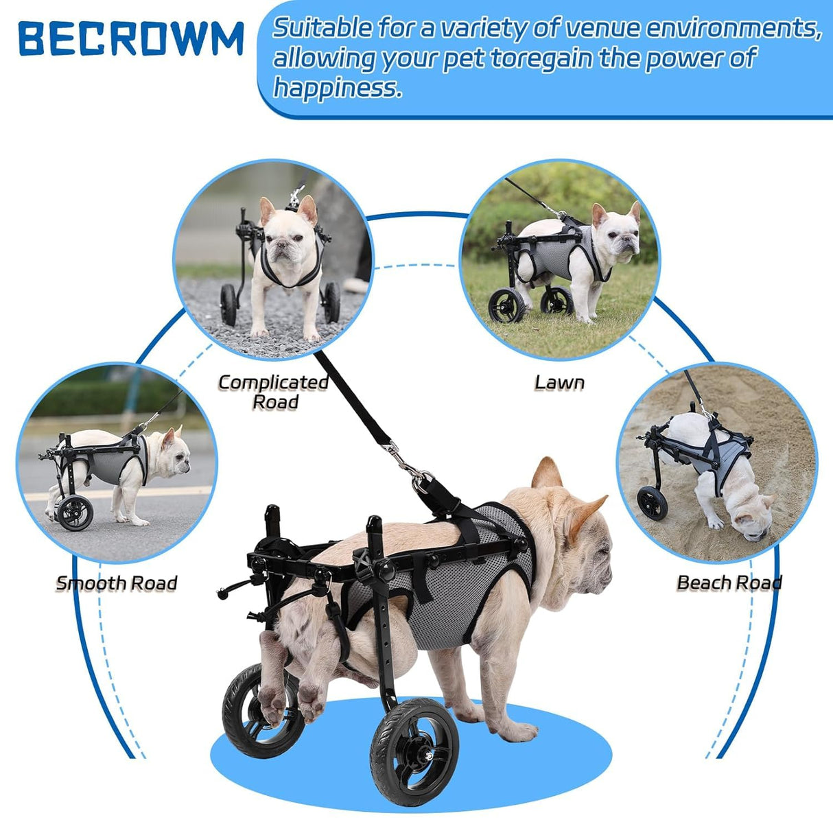BECROWM Dog Wheelchair for Back Legs, Light Weight Dog&Cat&Pets Wheelchair Cart with Disabled Hind Legs Walking, Adjustable Doggy Wheelchair Cart with Wheels for Back Legs (Grey, Medium（M）)