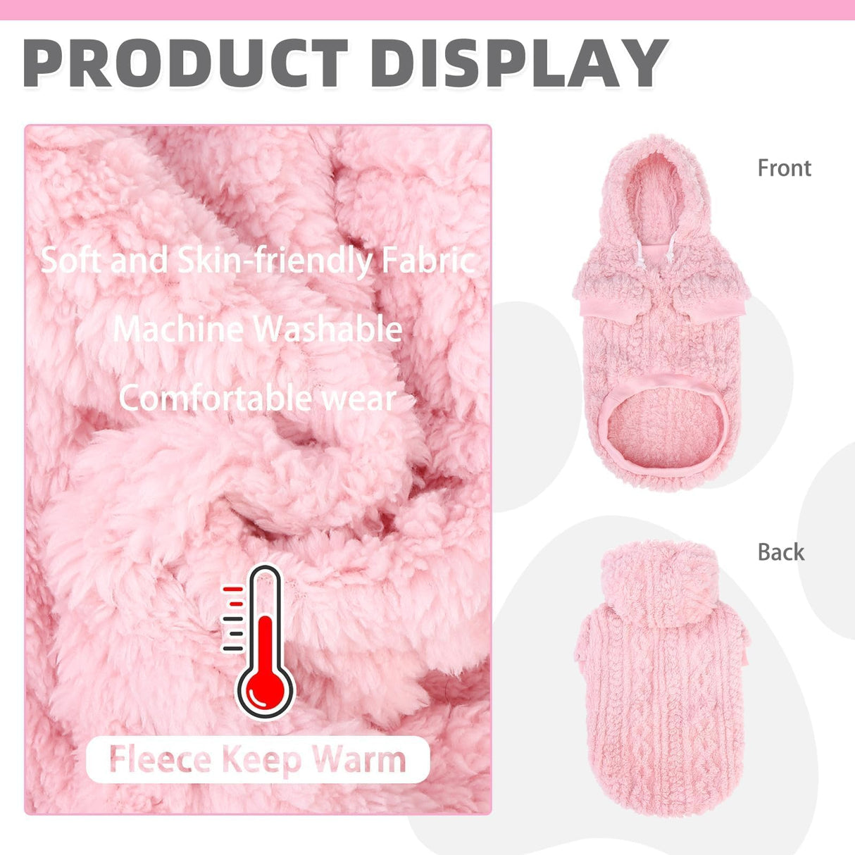 KOOLTAIL Fuzzy Dog Sweater Hoodie for Small Medium Large Dogs, Soft Fleece Pet Clothes Sweatshirt with Leash Hole, Warm Winter Dog Sherpa Jacket Snuggie Cold Weather Coat for Puppy Cats Girl, Pink L