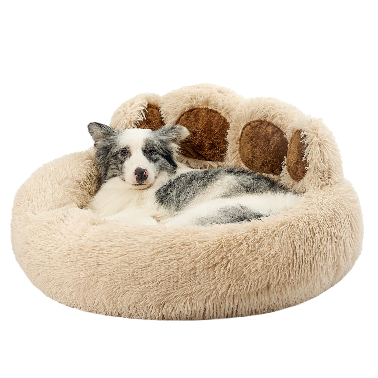 Jiupety Paw Shape Calming Pet Bed, Medium Plush Faux Fur Donut Bed for Dogs & Cats, Machine Washable, Non-Slip Bottom, Extra Large Size (32"×32"×10"), Camel