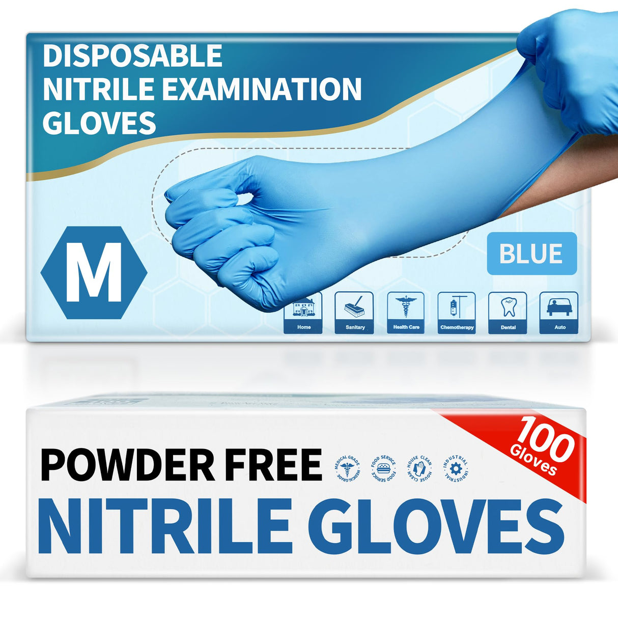 Powder-Free Nitrile Exam Gloves, 4.5 Mil, 100 Pcs Blue Disposable Latex-Free Food-Safe Medical Cleaning Cooking Gloves (Medium)