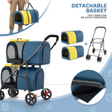 Magshion Double Dog Stroller with 2 Detachable Carrier Bags, 4-Wheel Folding Pet Travel Strolling Cart with Storage Pocket for Small-Medium Dogs & Cats Puppy, Navy Blue/Yellow