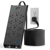 Surge Protector Power Strip 4800J, 10Ft Long Extension Cord Flat Plug, 12 Outlets 2 USB C 2 USB Ports, Wall Mountable, 20W Desk Charging Station, Black