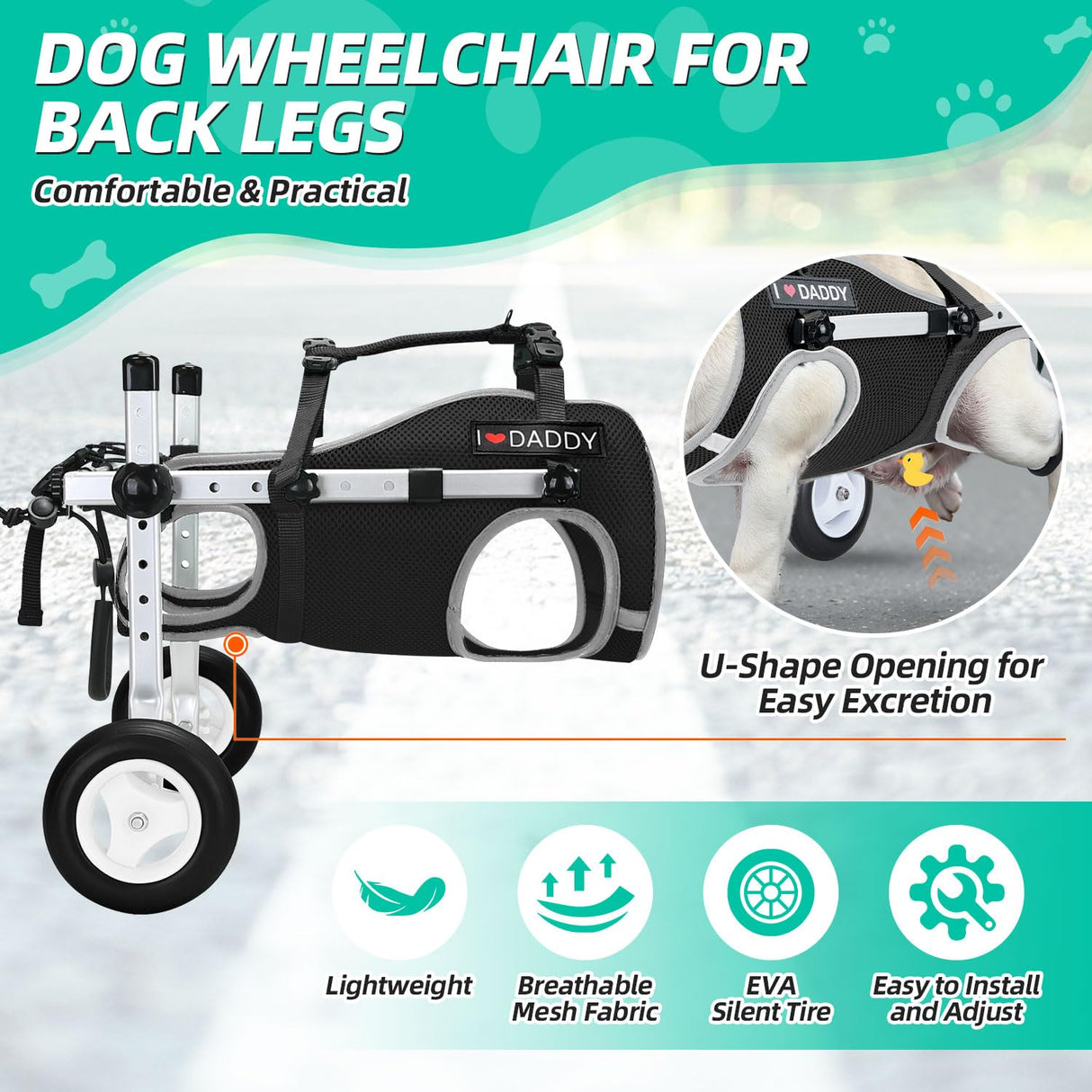 Nasjac Dog Wheelchair for Back Legs - Lightweight Portable Wheelchair with Reflective Stripes, Adjustable Pet Wheelchair Cart for Senior, Arthritis, Paralyzed, Injured, or Disabled Dogs (Black, S)