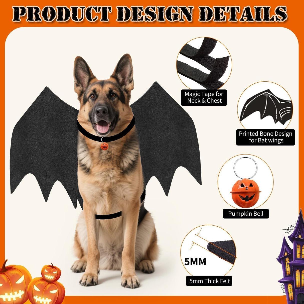 Olanrun Large Dog Halloween Costumes, Adjustable Dog Bat Wings Costumes for Large Dogs with Pumpkin Bell Skeleton Print On The Back, Pet Costume Halloween Cosplay Party Dress Up, XL Black