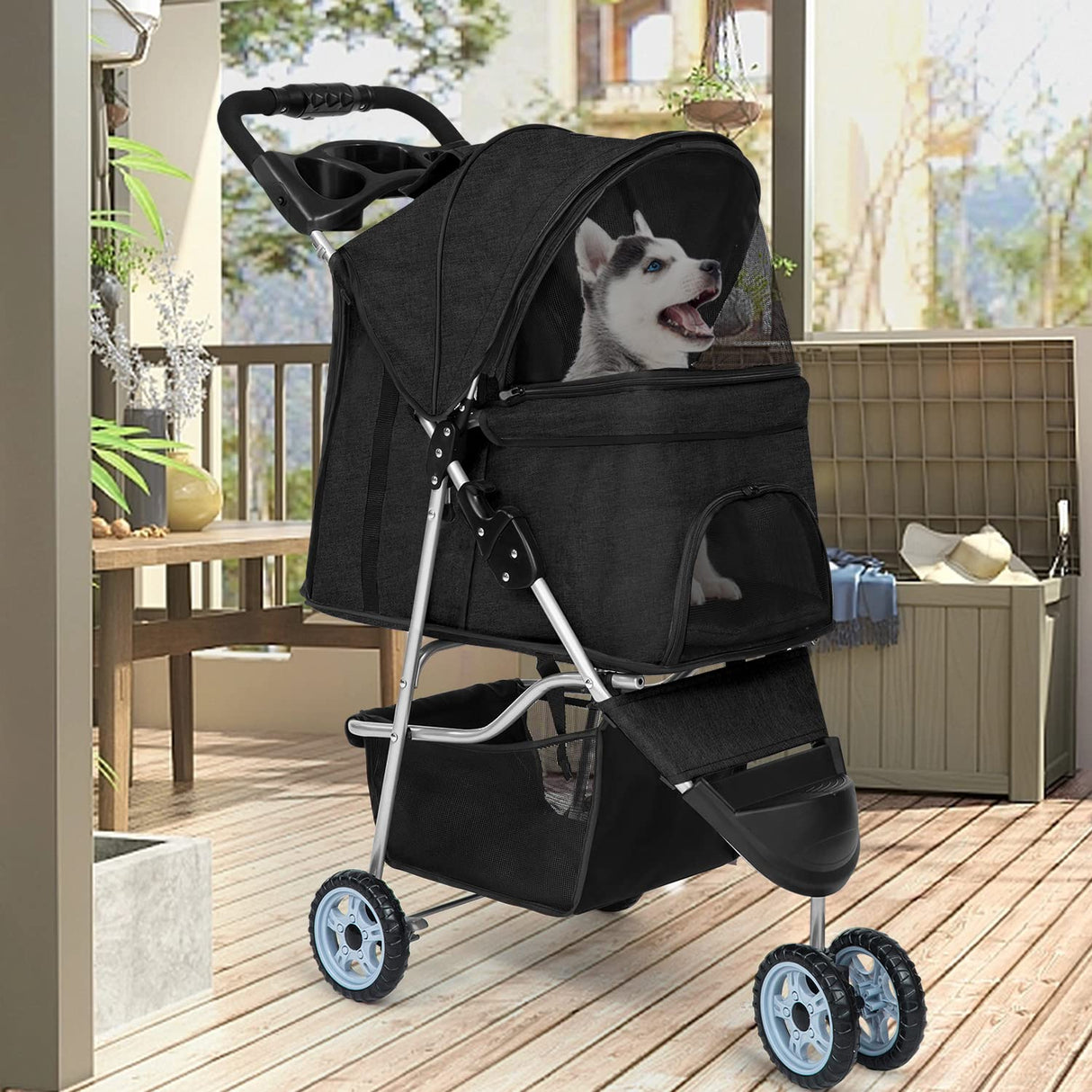 BestPet Pet Stroller Dog Cat Jogger Stroller for Medium Small Dogs Cats Folding Lightweight Travel Stroller with Cup Holder (Black, 3 Wheels)